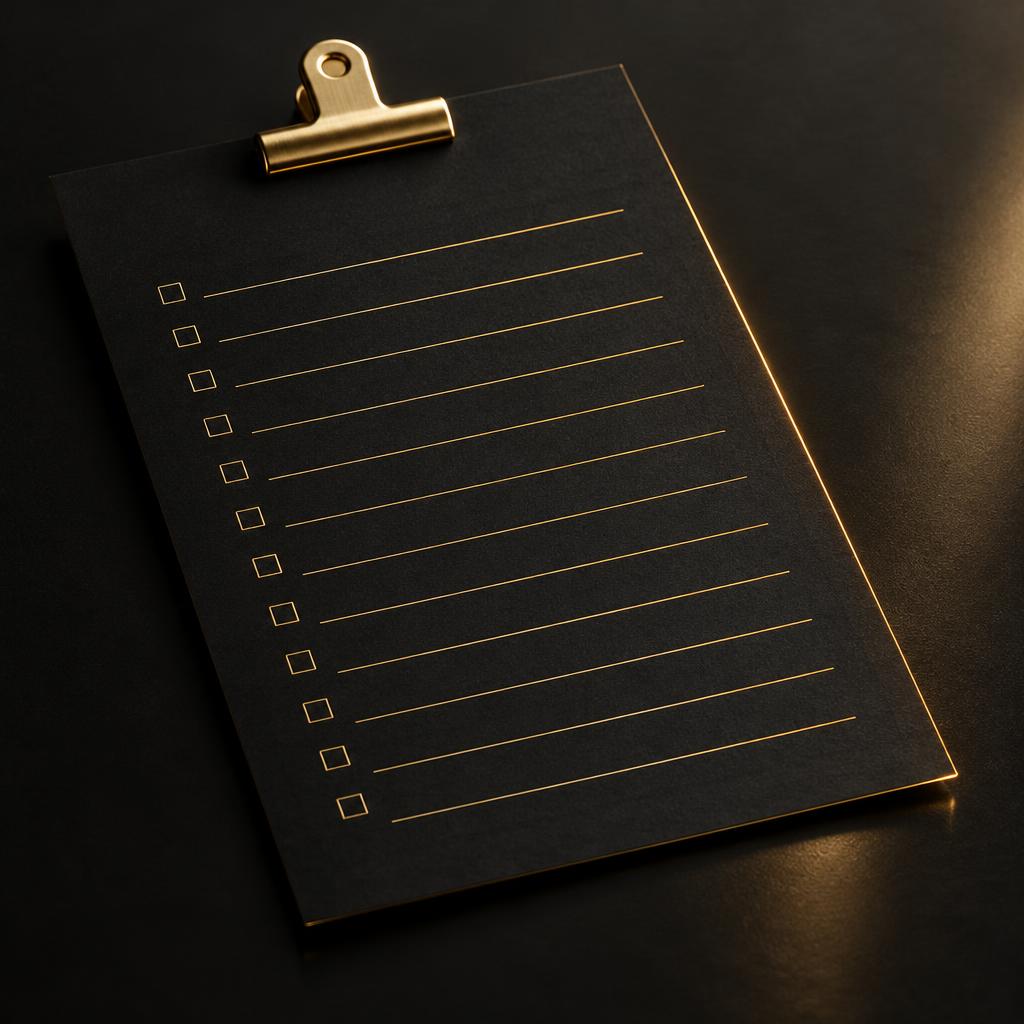 The CRE Funding Ready Checklist on a black clipboard with gold rules
